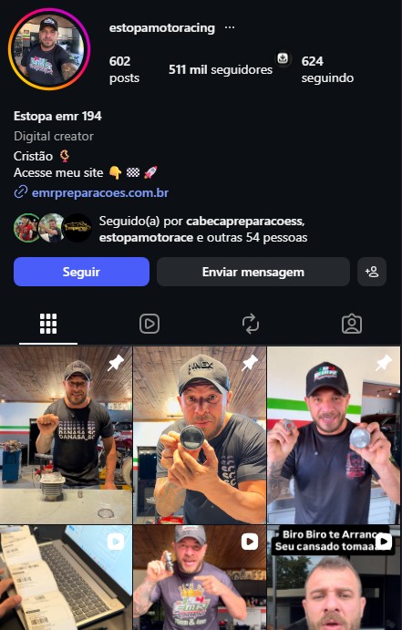 Perfil oficial @estopamotoracing no Instagram, com 511 mil seguidores